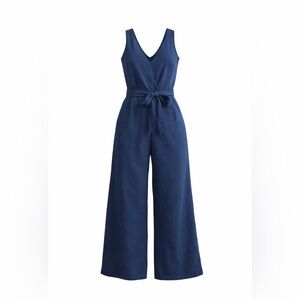 Navy Blue Wide Leg Jumpsuit Sleeveless Tie Waist V Neck Flowy Chic Rom